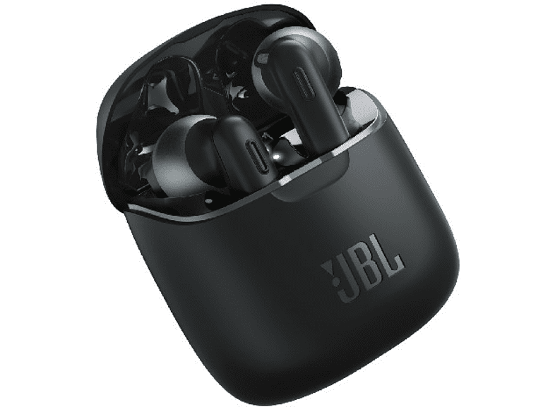 Auriculares JBL negros con estuche de carga. Los auriculares están dentro del estuche abierto.