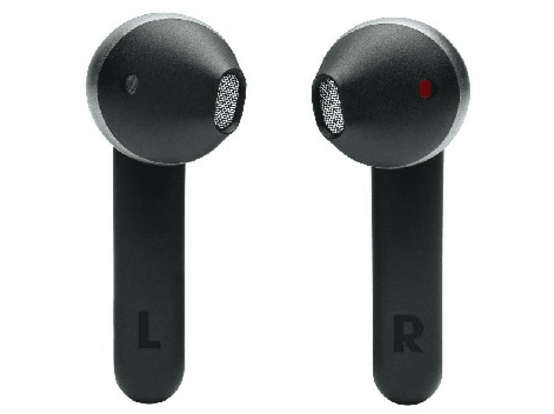 Dos auriculares negros con bordes plateados, marcados 'L' y 'R'.