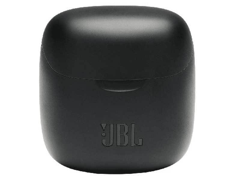 Estuche de carga de auriculares JBL negro, con el logotipo de JBL en la parte delantera.