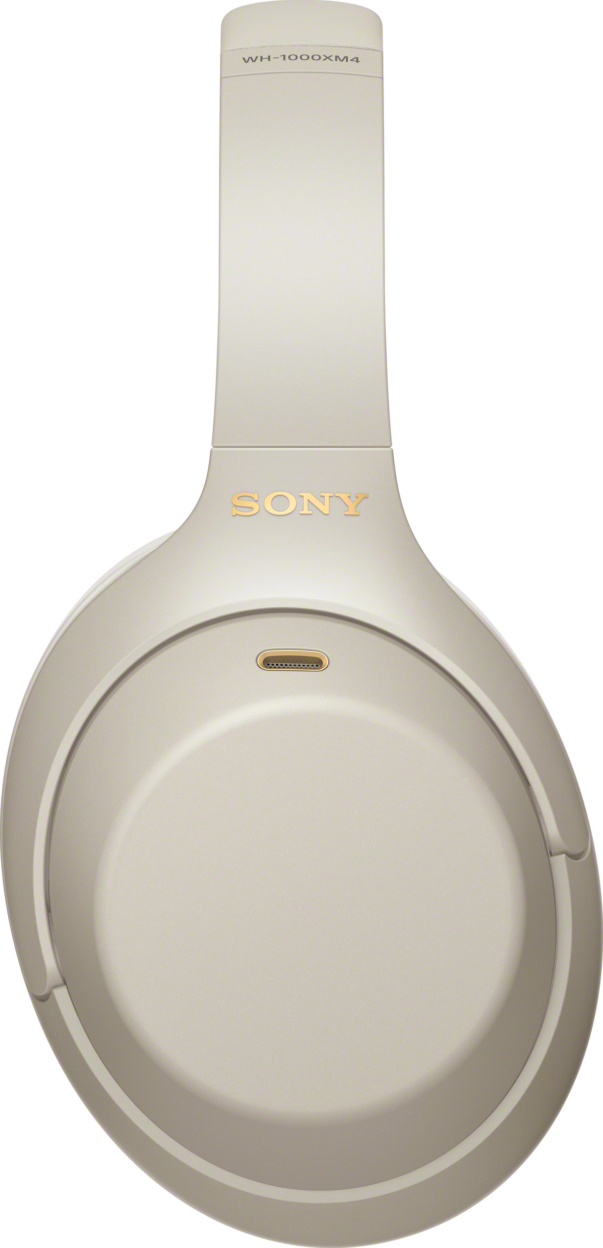 Draufsicht auf beige Sony-Kopfhörer. Das Sony-Logo ist sichtbar.