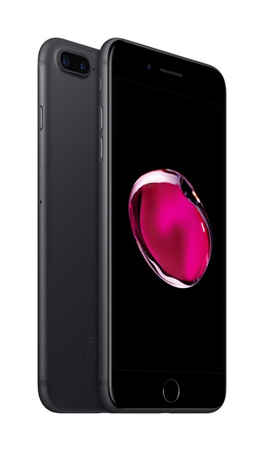 iPhone 7 Plus negro, vista frontal y lateral. Pantalla muestra forma rosa sobre fondo negro.
