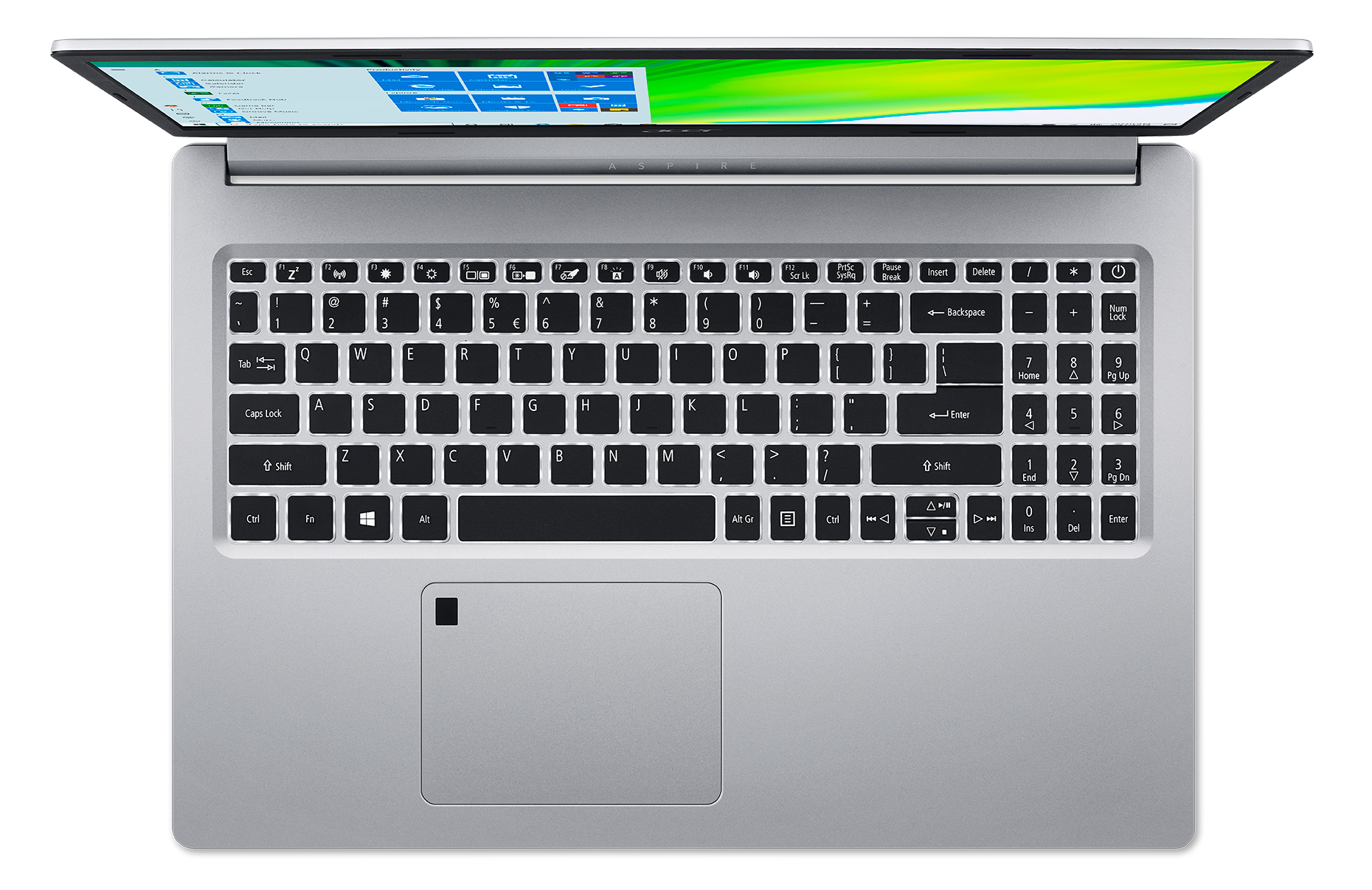 Laptop bovenaanzicht. Het toetsenbord staat in het midden, het scherm is open met een groene achtergrond.