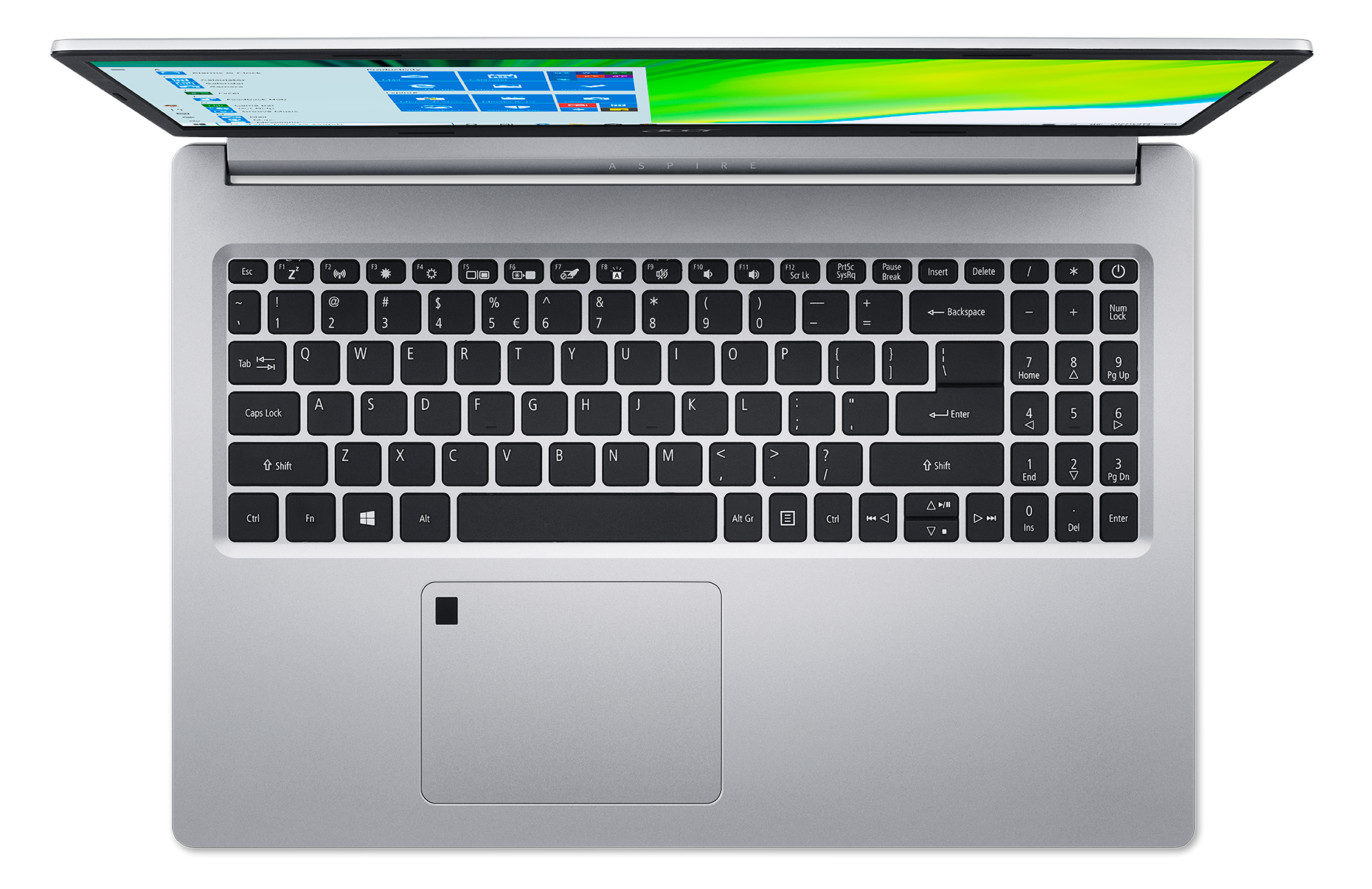 Laptop van bovenaf, toetsenbord zichtbaar. Zilverkleurig. Zwarte achtergrond.
