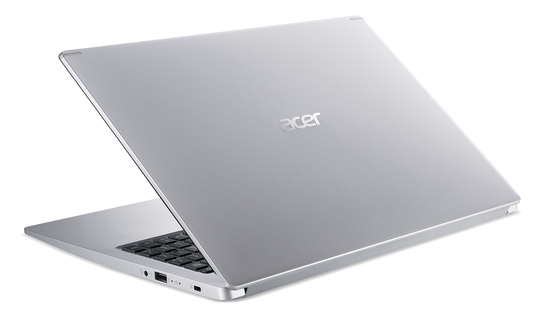Zilveren Acer laptop, open, toont toetsenbord en scherm, op zwarte achtergrond.