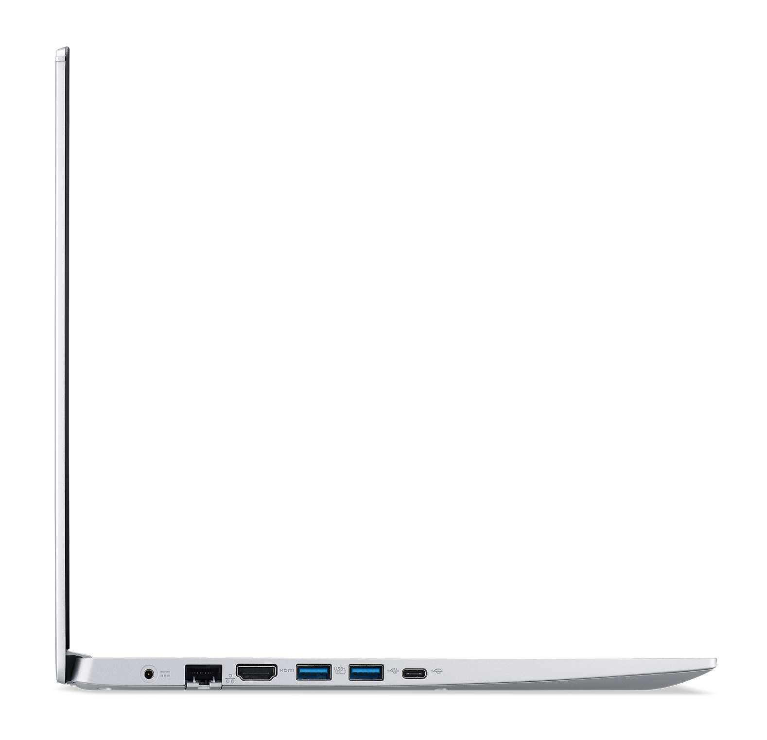 Zilveren laptop zijaanzicht met zichtbare poorten. Zwarte achtergrond.
