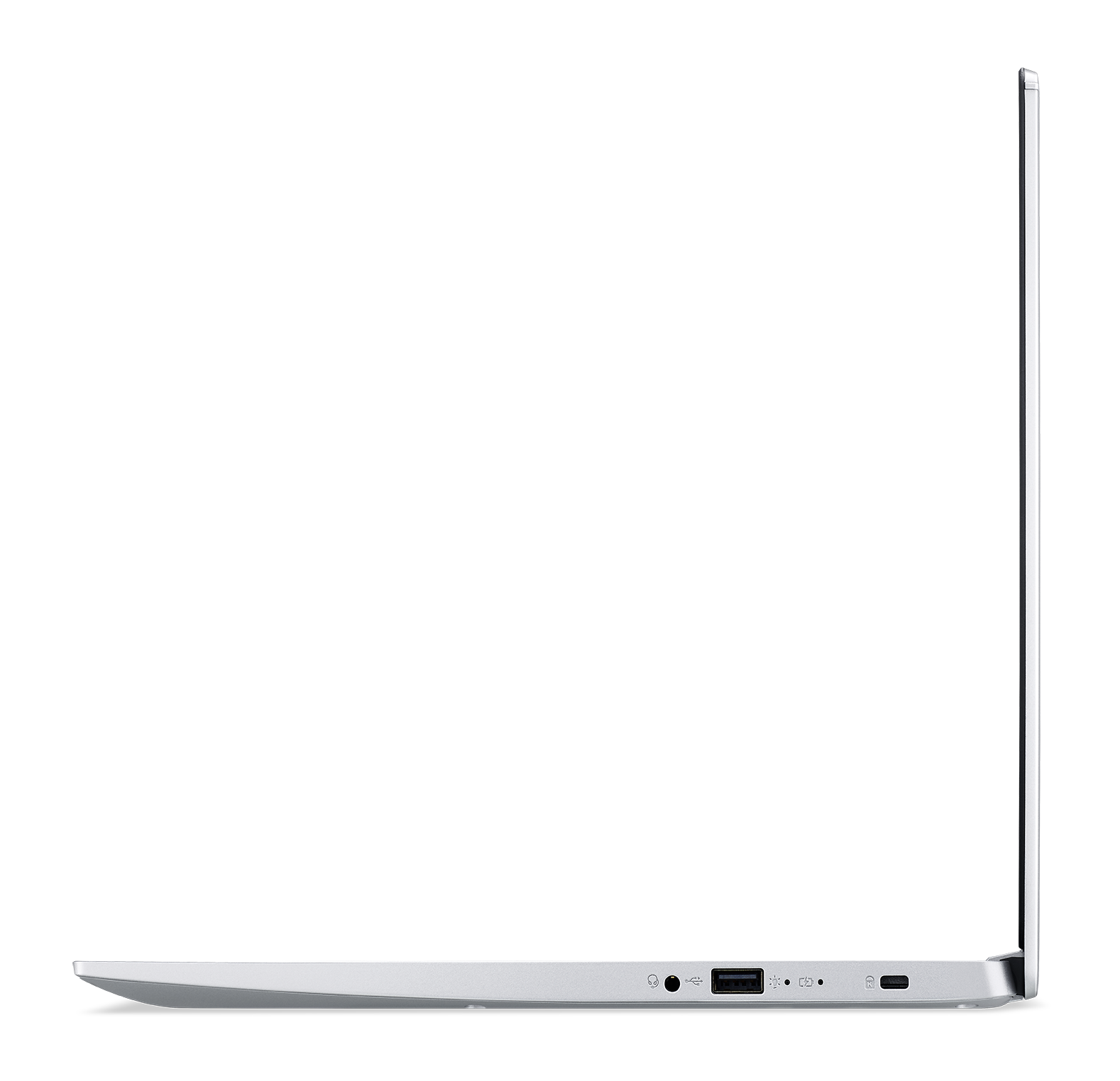 Zijaanzicht van een zilveren laptop met een zwart scherm. De achtergrond is donker, effen.