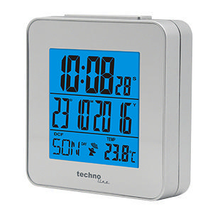 Silberner quadratischer Wecker mit blauem Digitaldisplay. Zeigt Uhrzeit, Datum und Temperatur.
