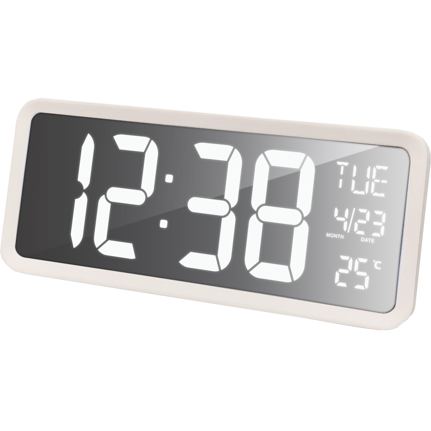 Eine Digitaluhr mit Zeit, Datum und Temperatur, weißer Rahmen.