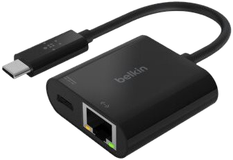 Adaptateur Belkin USB-C noir avec ports HDMI, Ethernet et câble USB-C.