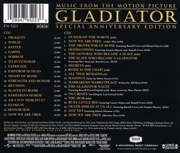 A Gladiator CD hátlapja. Tartalmazza a számok listáját és a stáblistát, a Universal Classics logójával.