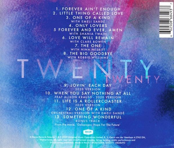 Albumcover mit farbenfrohem Hintergrund und Titelliste für das Album "Twenty Twenty".