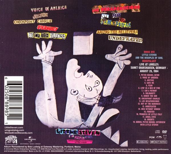 Albumcover für Little Steven and the Disciples of Soul, mit Illustrationen und Text auf schwarzem Hintergrund.