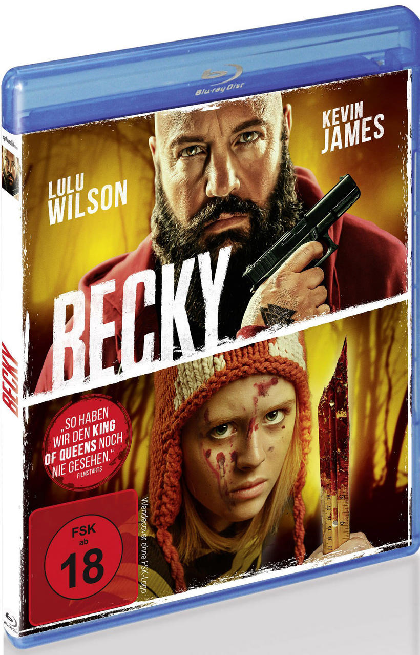 Becky Blu-ray-Cover mit Lulu Wilson und Kevin James. Der Hintergrund ist ein dunkles, verschwommenes Bild.