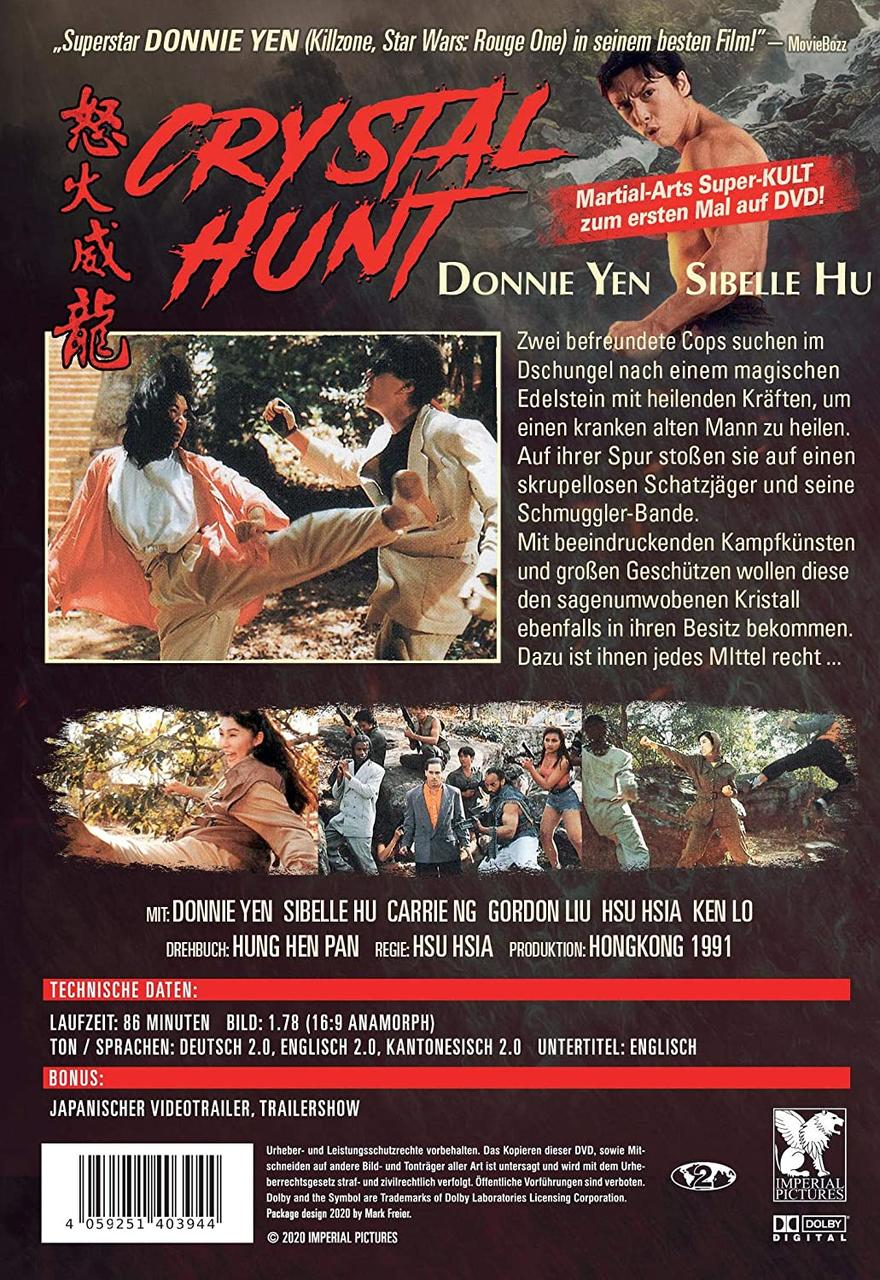 Rückseite einer DVD-Hülle mit Bildern von Kampfsportkämpfen und Text über den Film 'Crystal Hunt'.