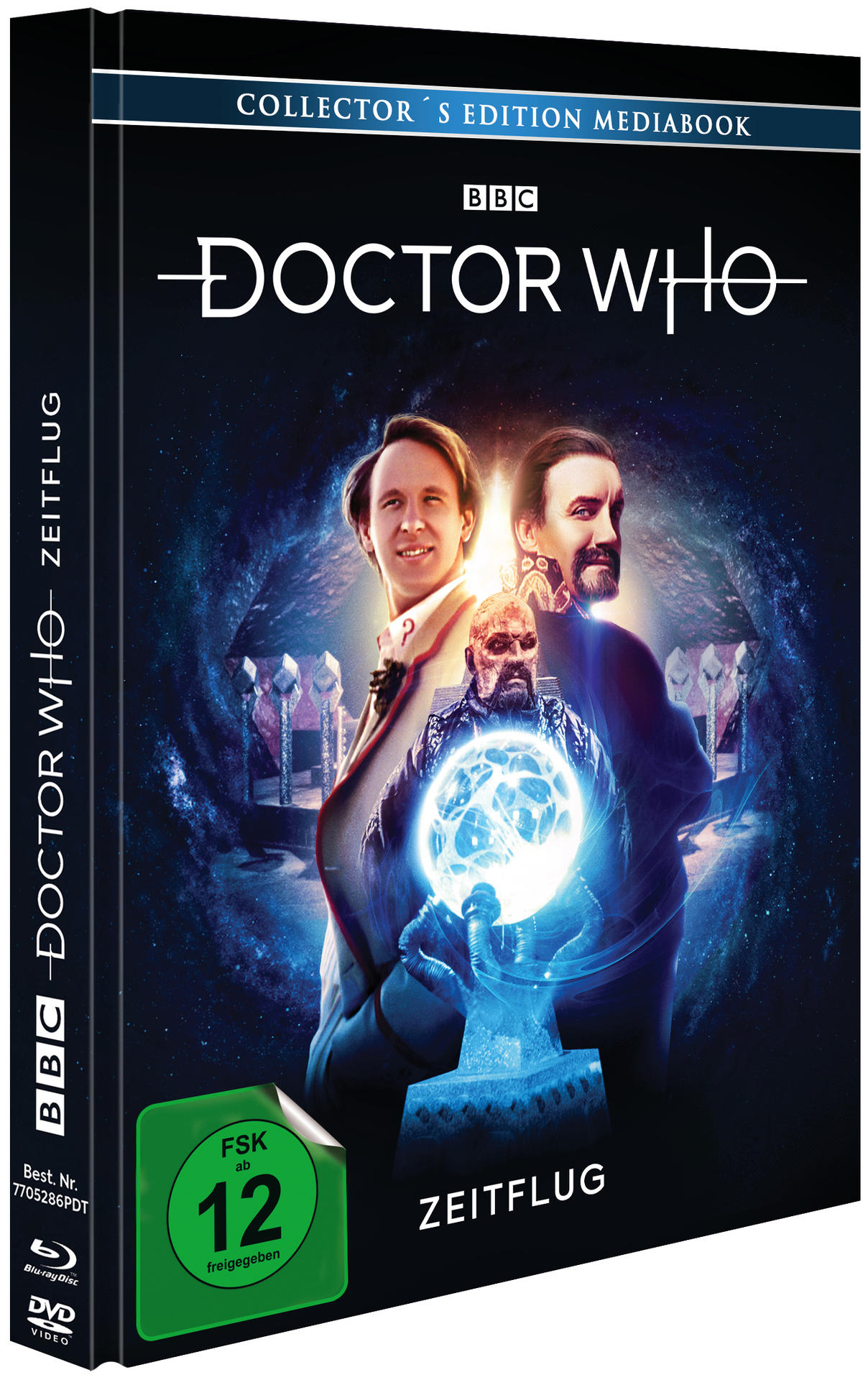 Doctor Who Blu-ray-Box-Set mit Schauspielern, blauem Weltraumhintergrund und grünem Altersfreigabesticker.
