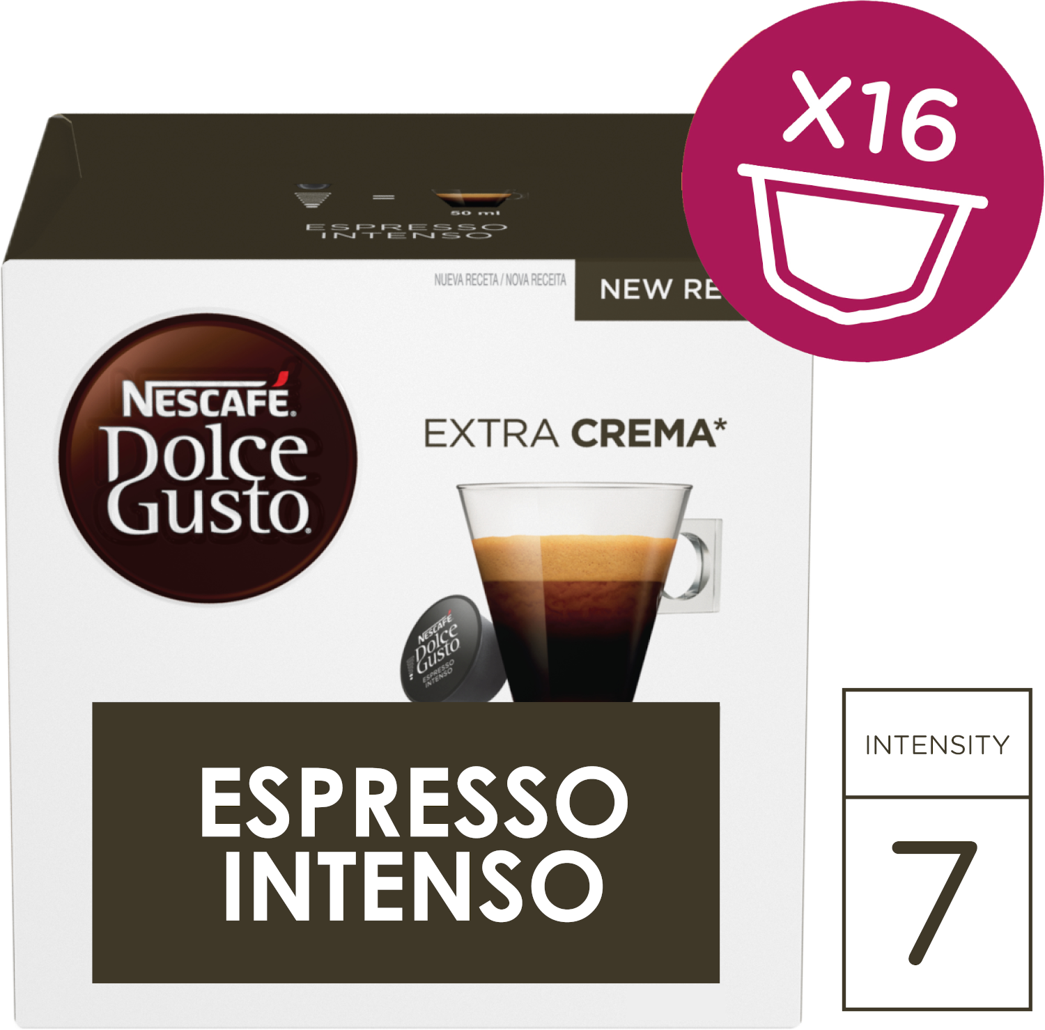 Boîte de capsules de café Nescafe Dolce Gusto Espresso Intenso avec une tasse.