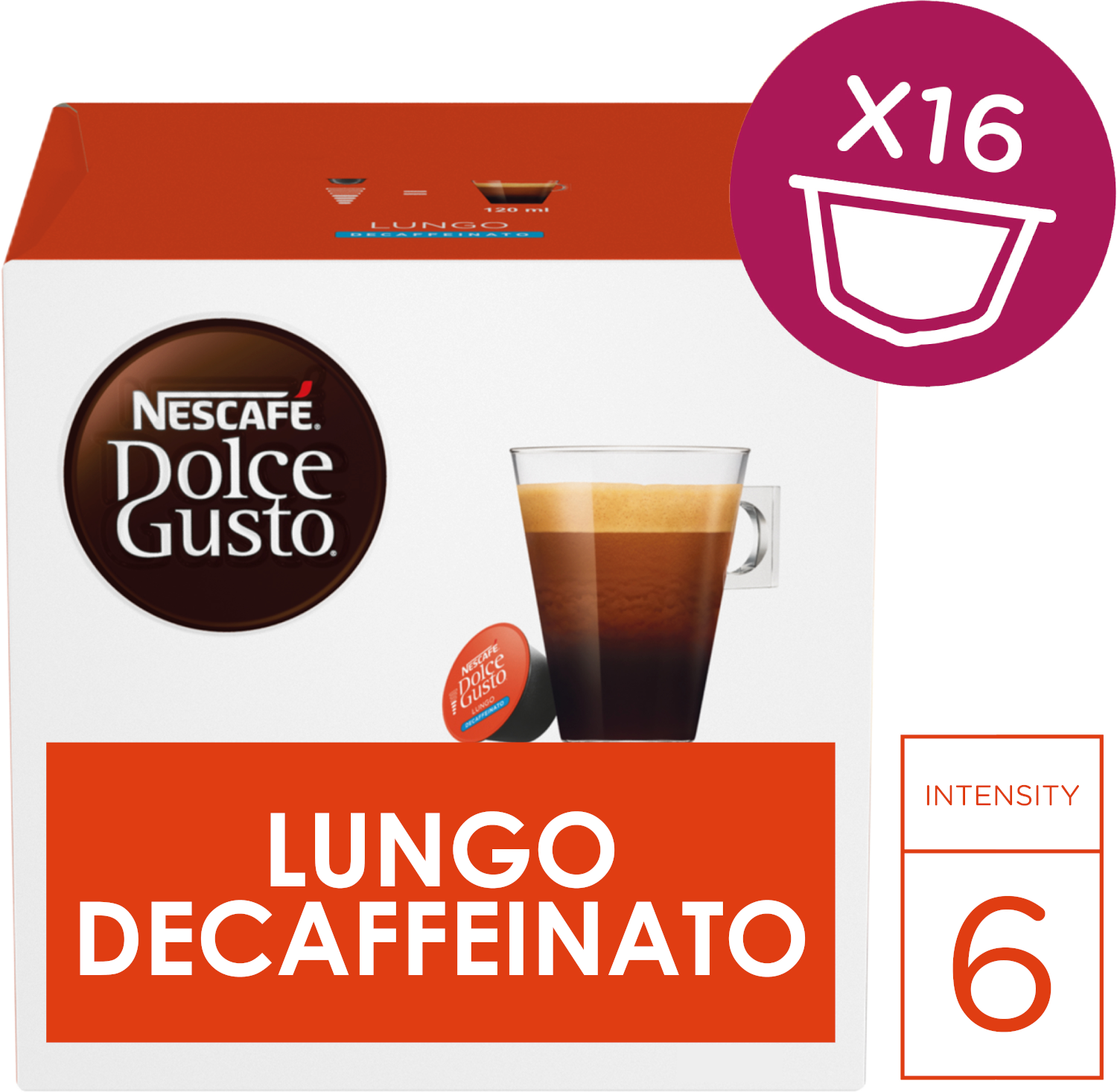 Koffiedoos met een kopje-afbeelding en de tekst 'Lungo Decaffeinato'.