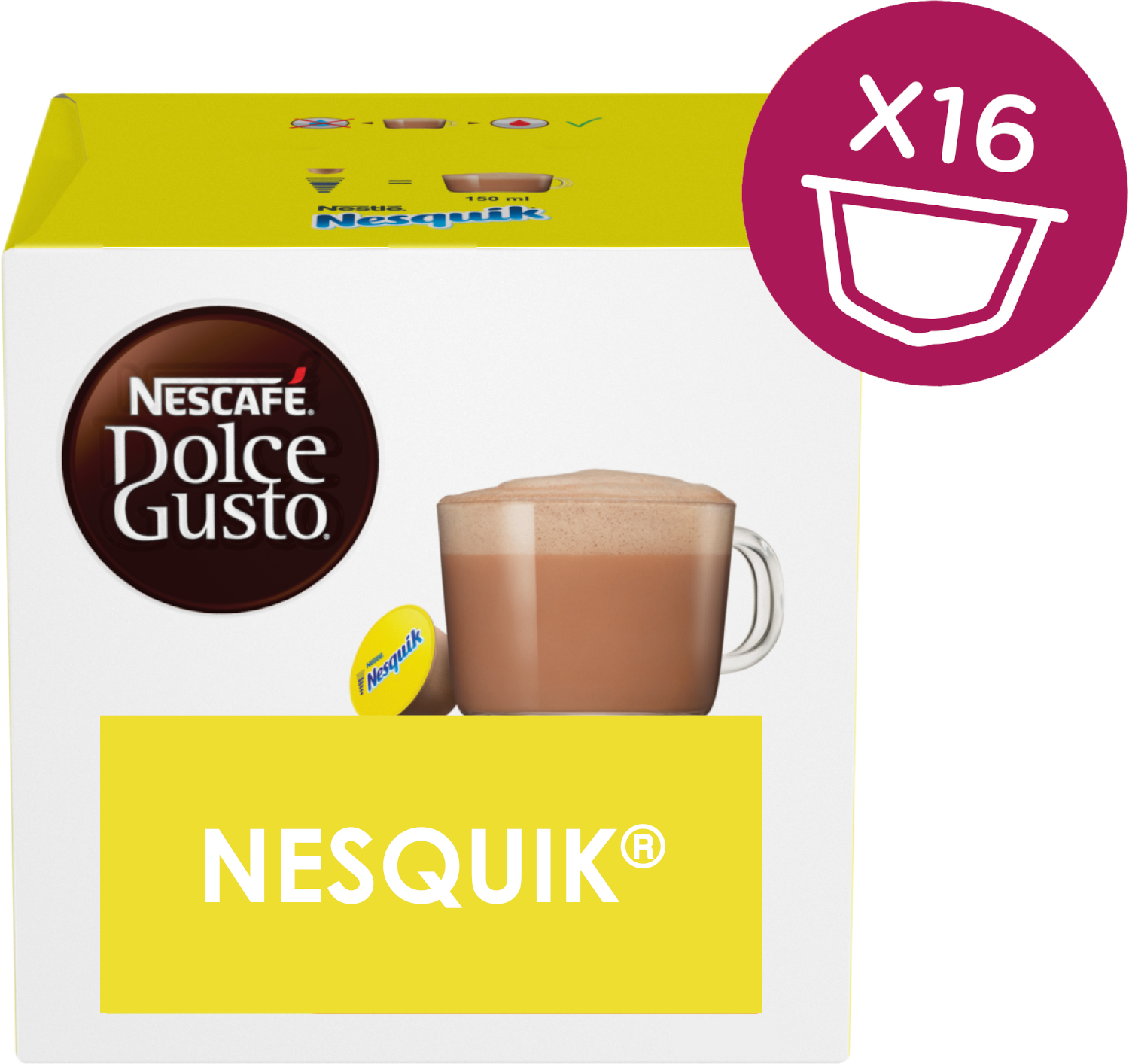 Nesquik Nescafe Dolce Gusto doos. Een koffie met schuim staat op de voorkant.