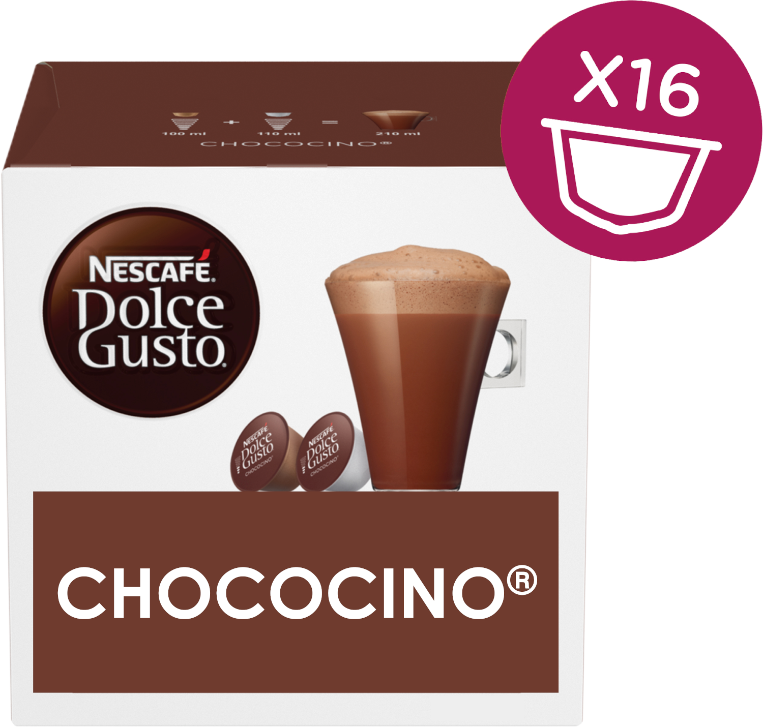Nescafe Dolce Gusto Chococino doos met een kop chocolade en capsules.