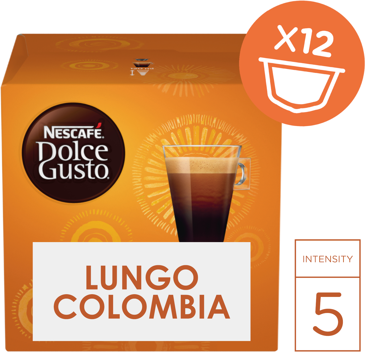 Boîte de dosettes de café ; une tasse avec du café. Fond orange avec texte 'Lungo Colombia'.