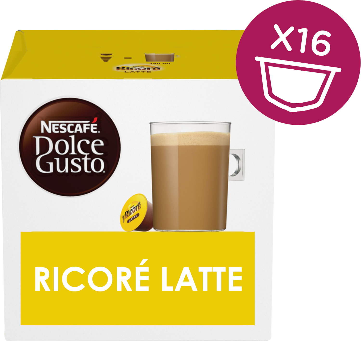 Boîte Nescafe Dolce Gusto Ricoré Latte. Une tasse de café et une capsule.
