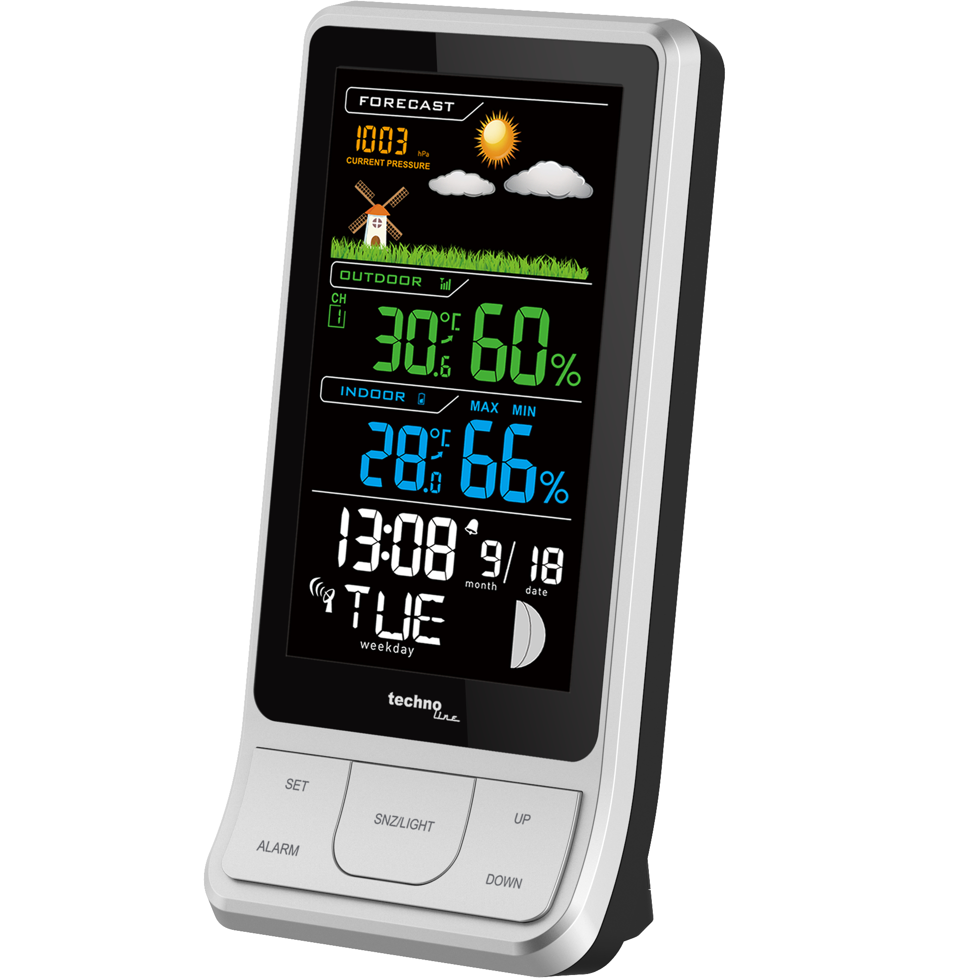 Digitales Wetterstation mit Vorhersage, Temperatur, Feuchtigkeit, Uhrzeit und Datum.