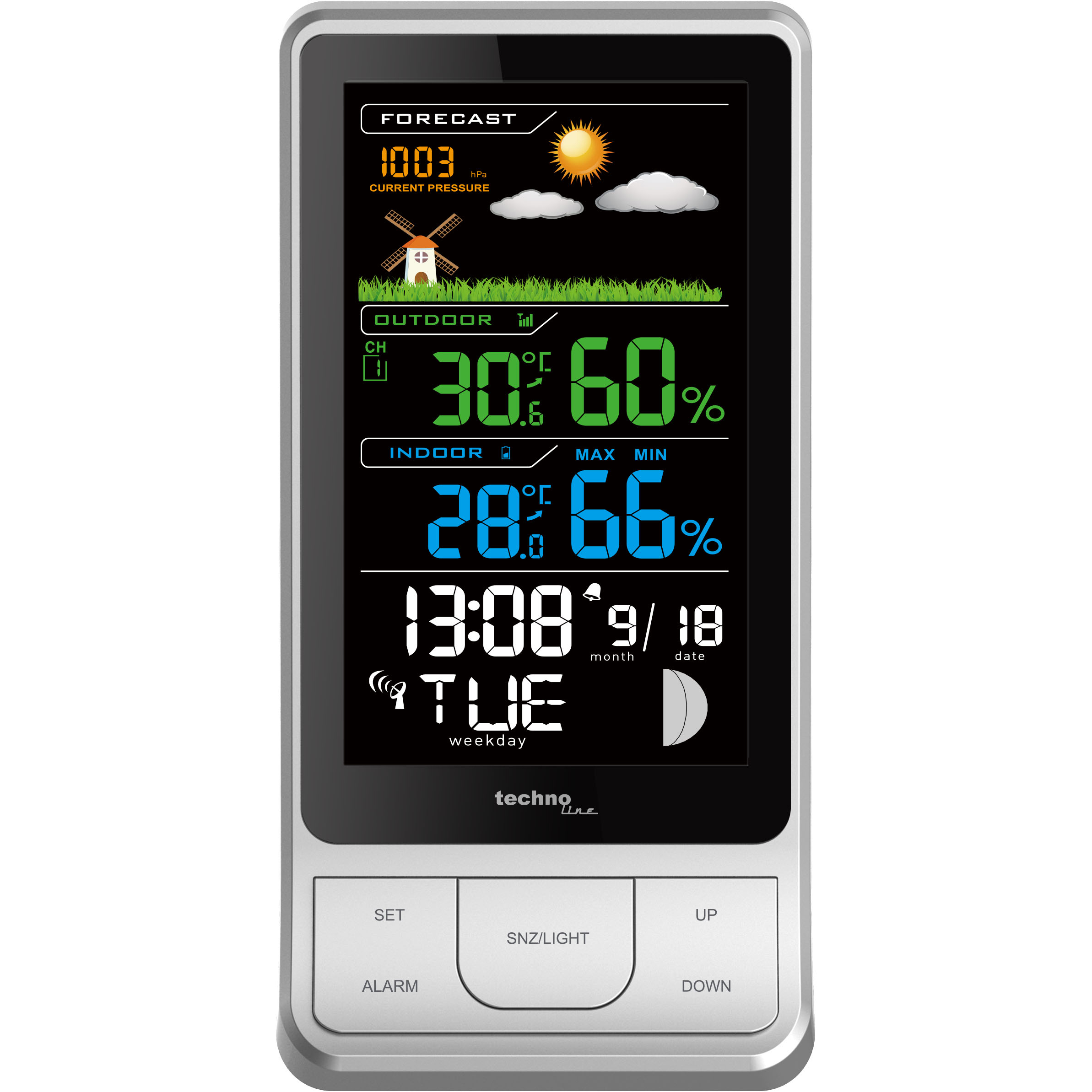 Eine digitale Wetterstation, die Temperatur, Luftfeuchtigkeit, Uhrzeit und Datum anzeigt.