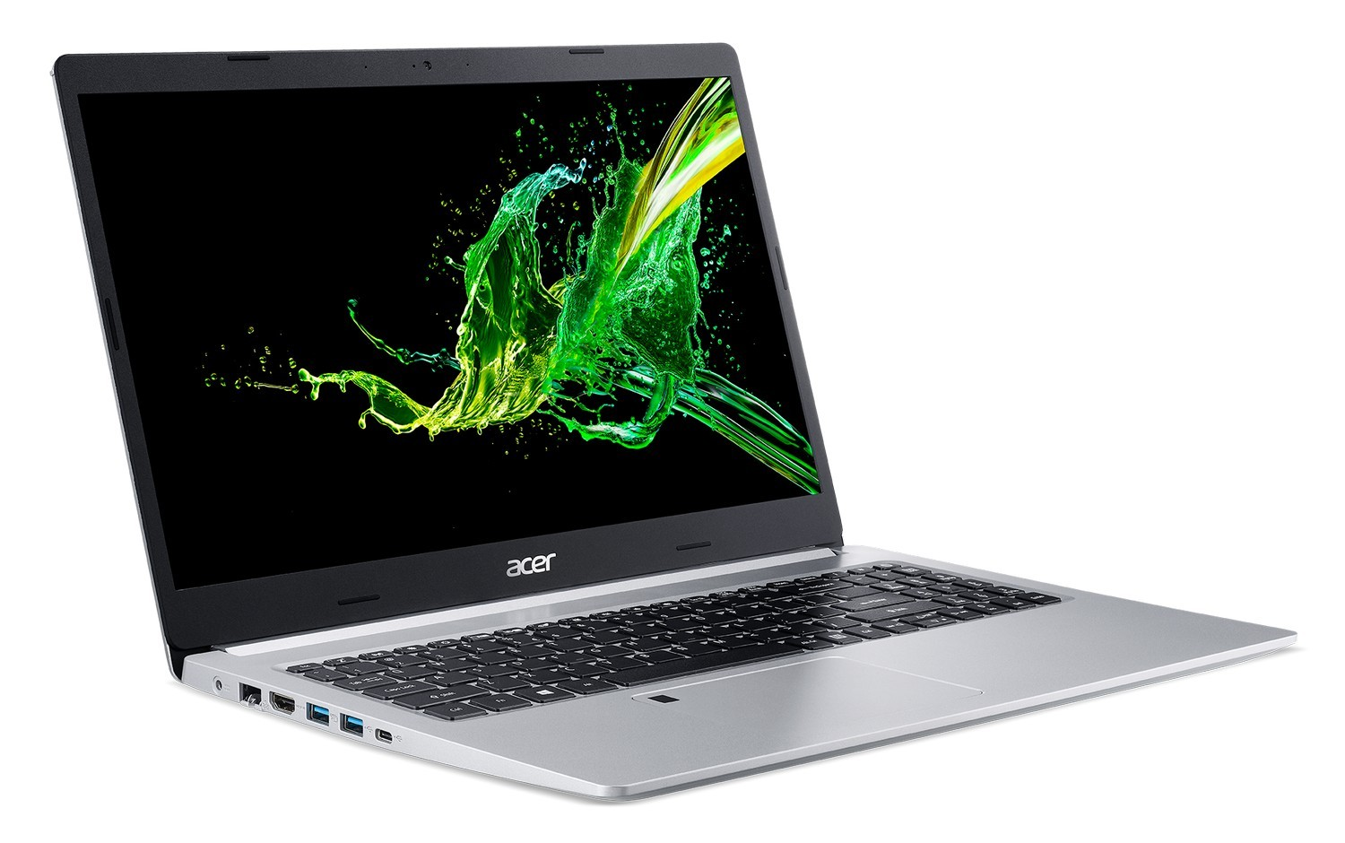 Laptop Acer plateado abierto, mostrando un salpicado verde y amarillo en pantalla negra.