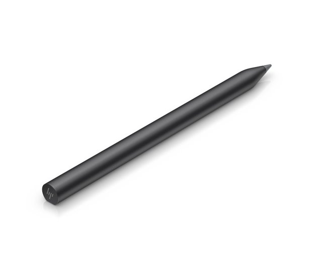 A black stylus pen, lying horizontally, against a white background. The pen has an HP logo.