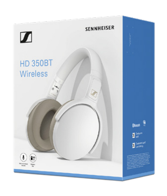 Auriculares inalámbricos Sennheiser HD 350BT blancos en caja. Blanco y gris.
