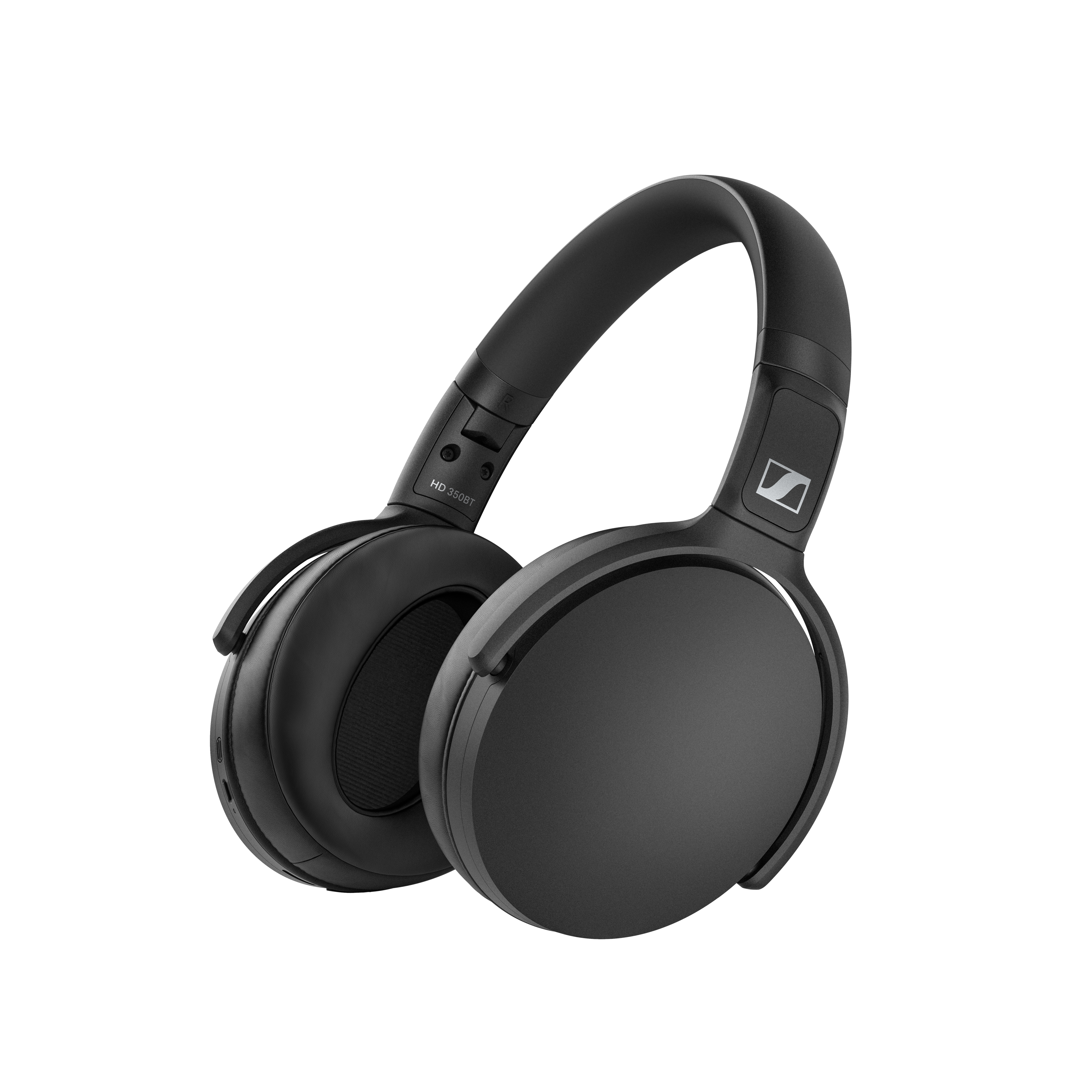 Auriculares Sennheiser HD 450BT negros. Los auriculares están sobre un fondo blanco. Vista lateral.