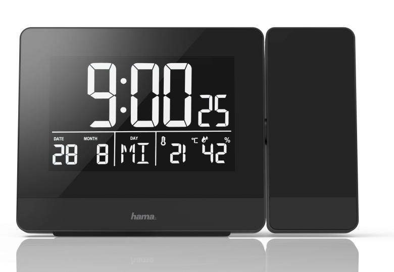 Fekete digitális óra 9:00-t, dátumot, napot és hőmérsékletet mutat. Jobbra egy fekete, téglalap alakú vetítőegység.