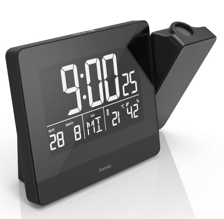Fekete digitális ébresztőóra, 9:00-t mutat. Dátumot, napot és hőmérsékletet is kijelez.