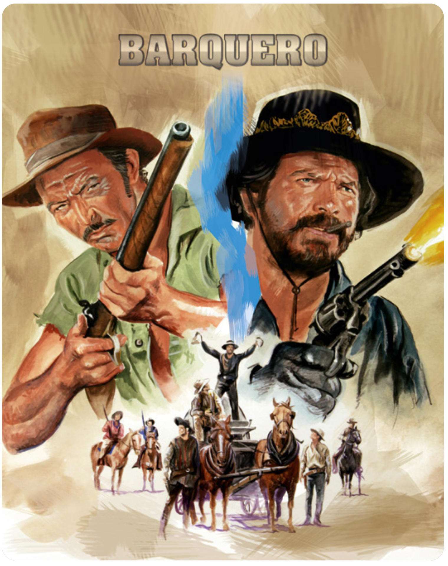 Filmplakat mit zwei Männern, die Waffen halten. Der Titel 'BARQUERO' steht oben. Andere Figuren und Pferde sind vorhanden.