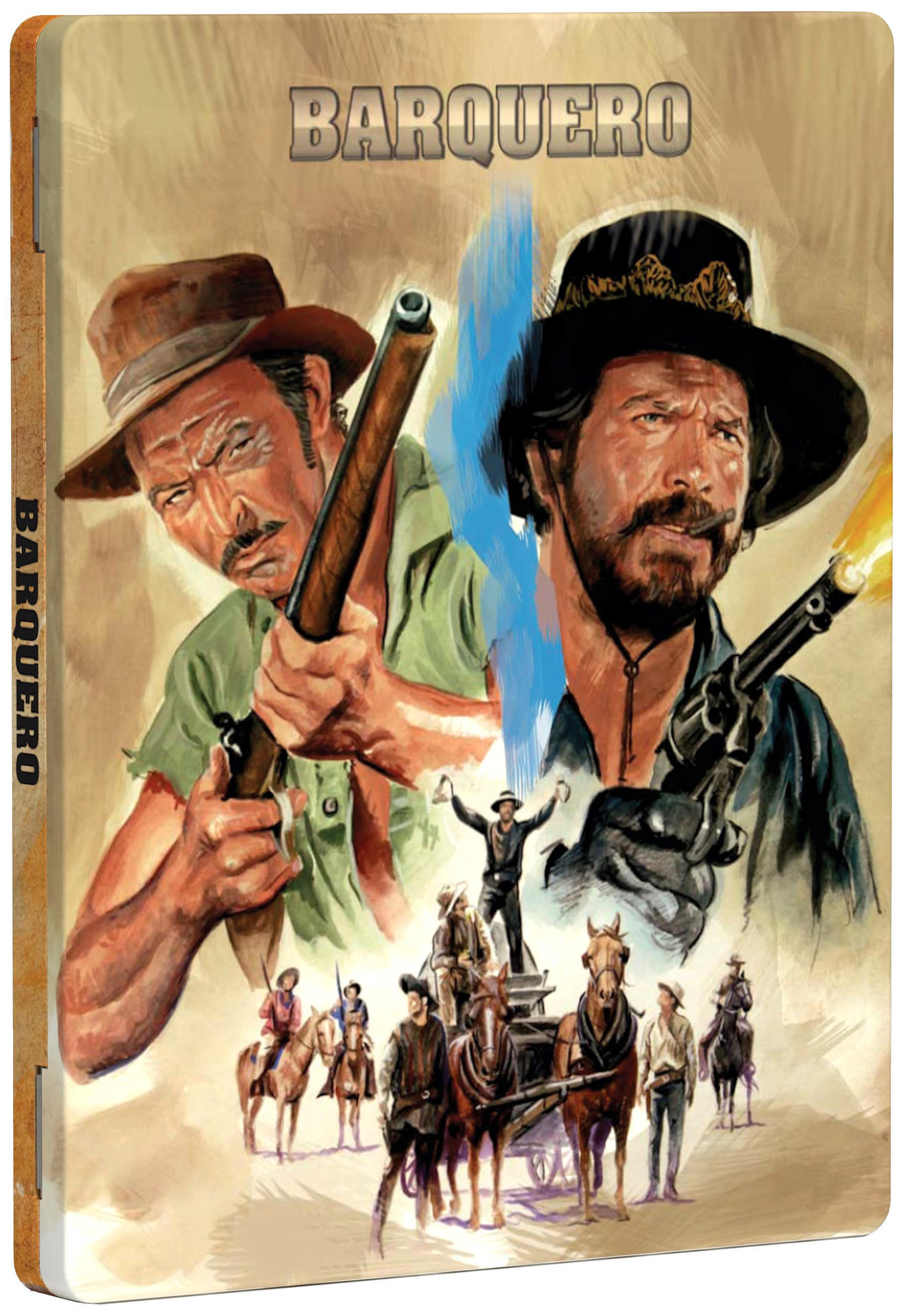 Filmposter für 'Barquero'. Zwei Männer mit Waffen, Pferde und eine dramatische Szene.