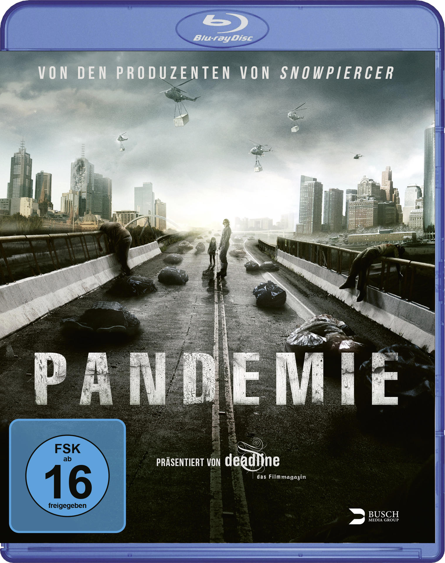 Pandemie Blu-ray-Cover mit Stadtlandschaft, Menschen auf der Straße und Text.