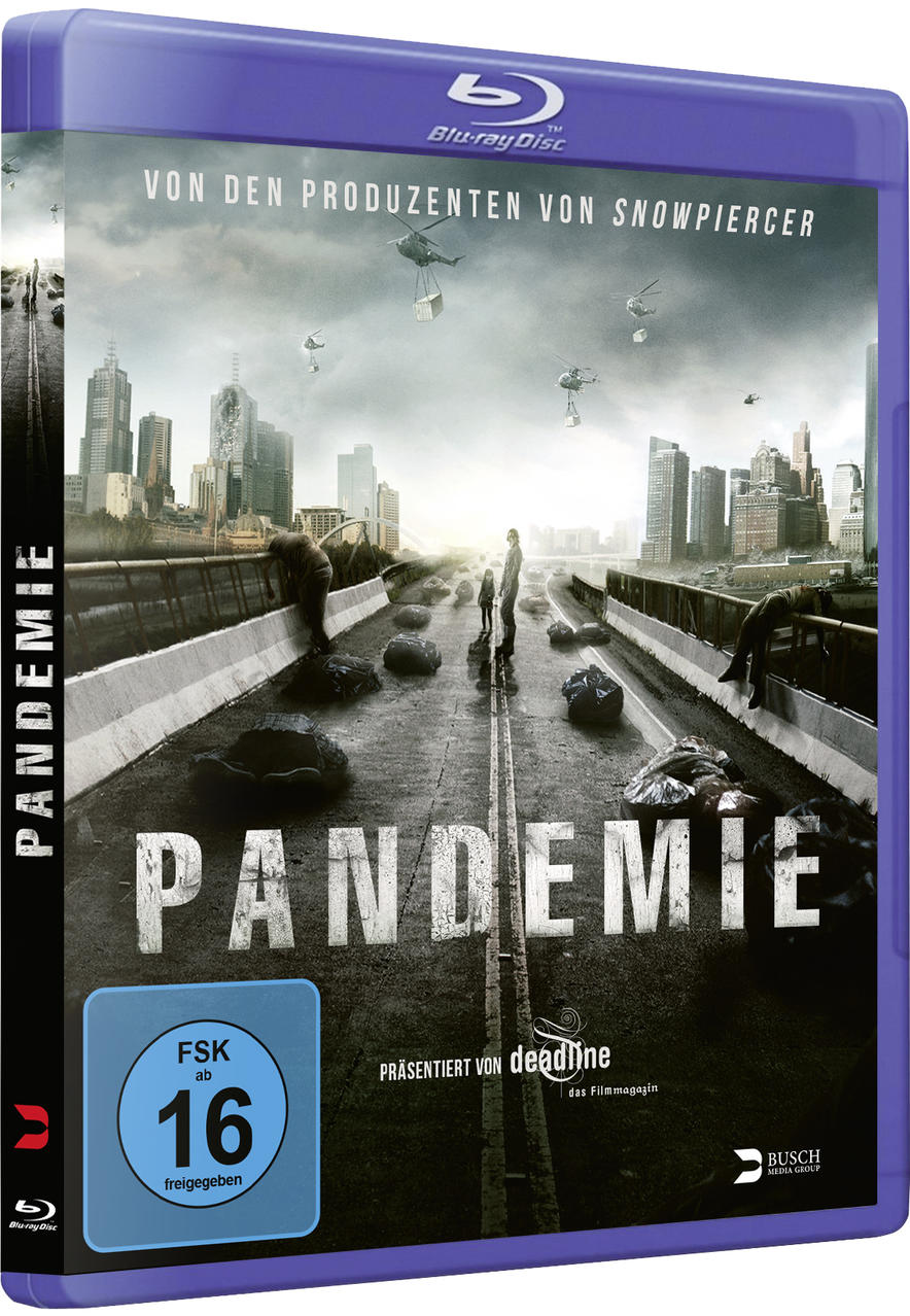 Blu-ray-Disc-Cover für 'Pandemie'. Eine Stadtszene mit Menschen und Hubschraubern.