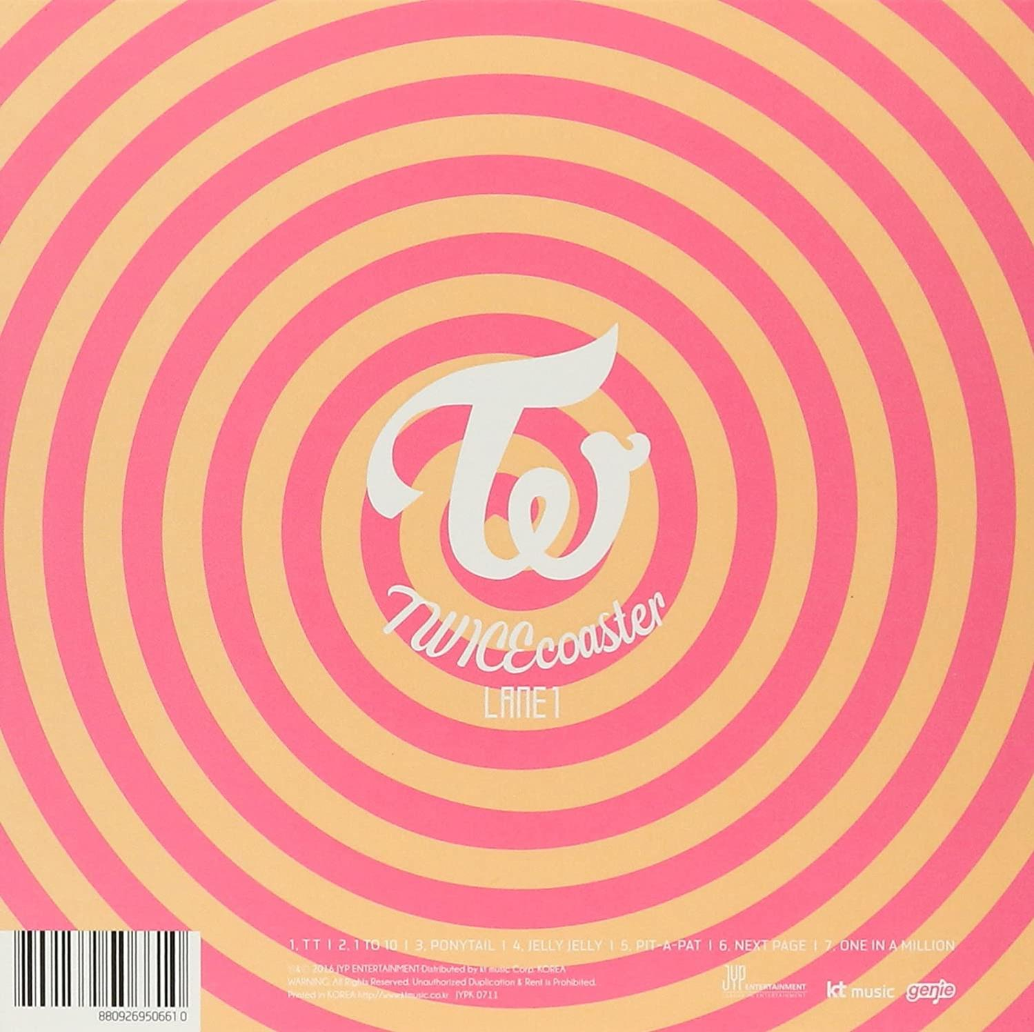 Album borító rózsaszín és sárga spirálmintával és fehér Twice logóval.