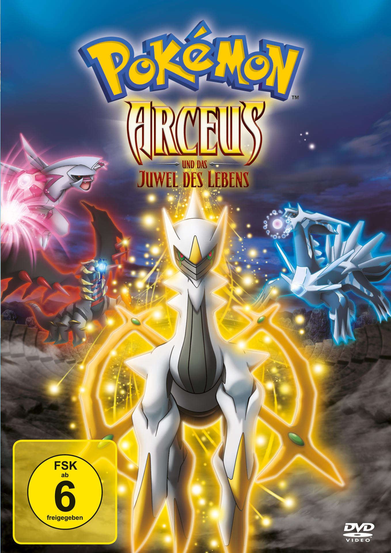 DVD-Cover: „Pokémon – Arceus und das Juwel des Lebens“. Zeichentrickfiguren auf blauem Grund. Logos vorhanden.