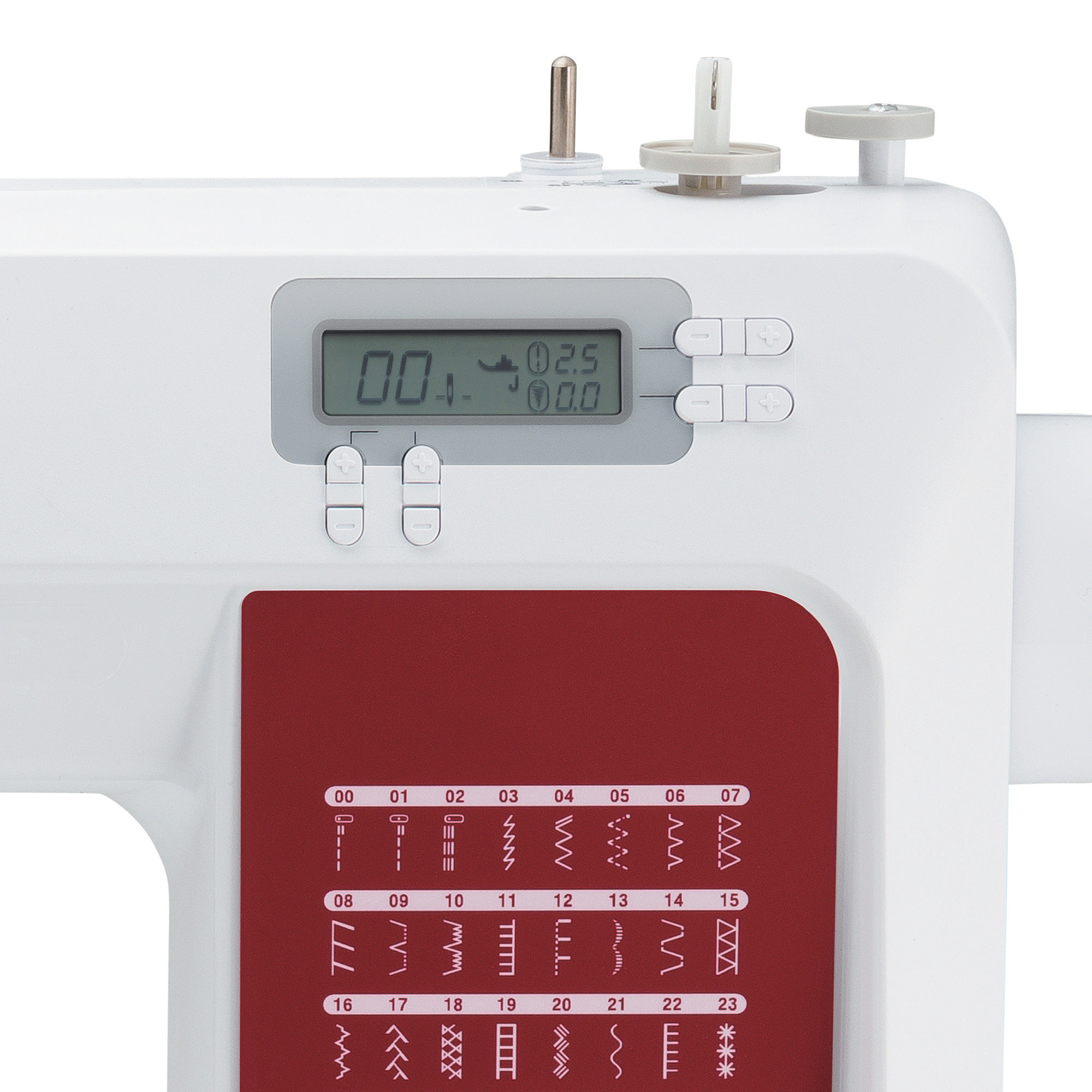 Weiße Nähmaschine mit roter Basis und Digitalanzeige mit verschiedenen Sticharten.