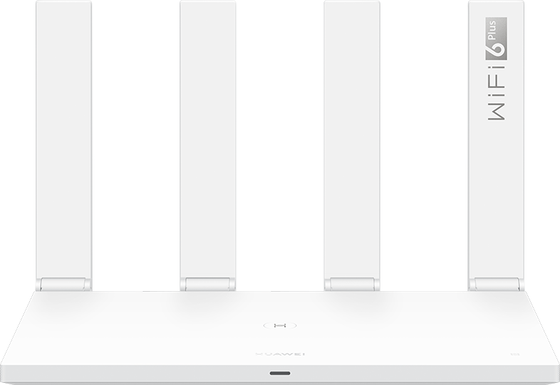 Fehér Huawei WiFi 6 Plus router. Négy függőleges antennával. A router minimalista dizájnnal rendelkezik, a márkajelzéssel.