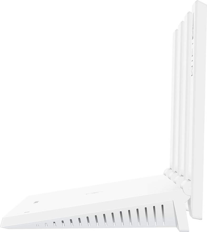Egy fehér router több antennával fehér háttér előtt. A router szellőzőnyílásokkal és letisztult dizájnnal rendelkezik.