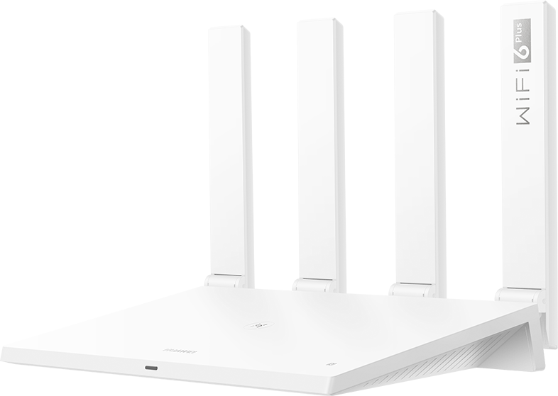 Fehér Huawei WiFi 6 Plus router. Több antennája van, és a 'WiFi 6 Plus' felirat az oldalán.