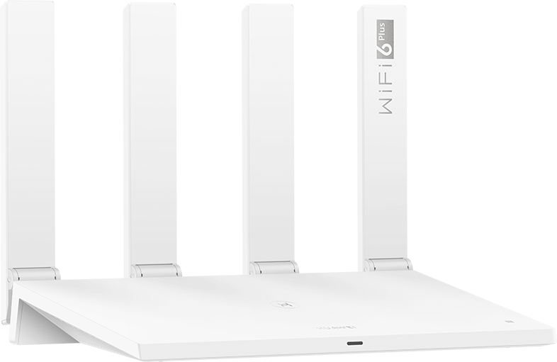 Egy fehér Huawei WiFi 6 Plus router. Négy antennája van, és letisztult a dizájnja. A márkanév látható.
