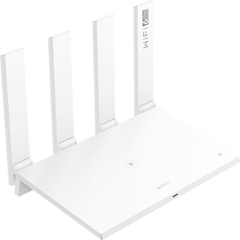 Fehér Huawei WiFi 6 Plus router. Négy antennája van, és egy felső panel Huawei logóval. A Huawei szó szerepel.
