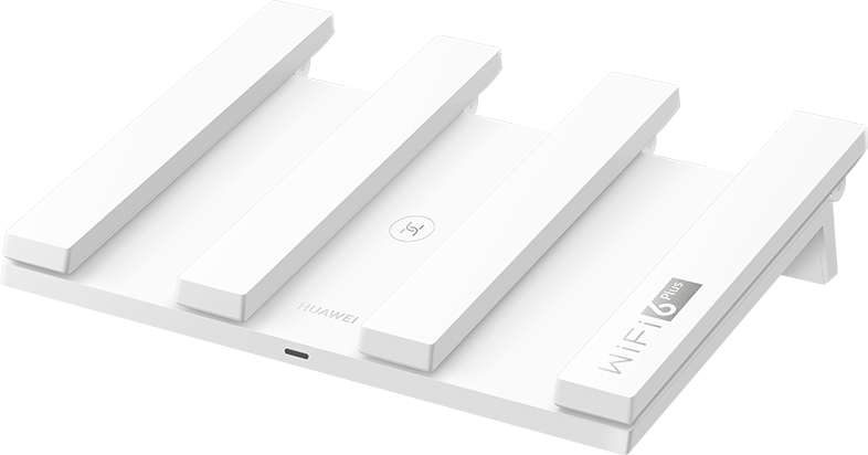 Egy fehér Huawei WiFi 6 Plus router. Négy fehér antennája és egy fehér alapja van, a márkanévvel.