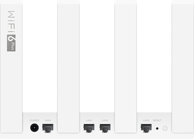 Fehér WiFi 6 Plus router. Van rajta áram, WAN, LAN és reset port. A logó látható.