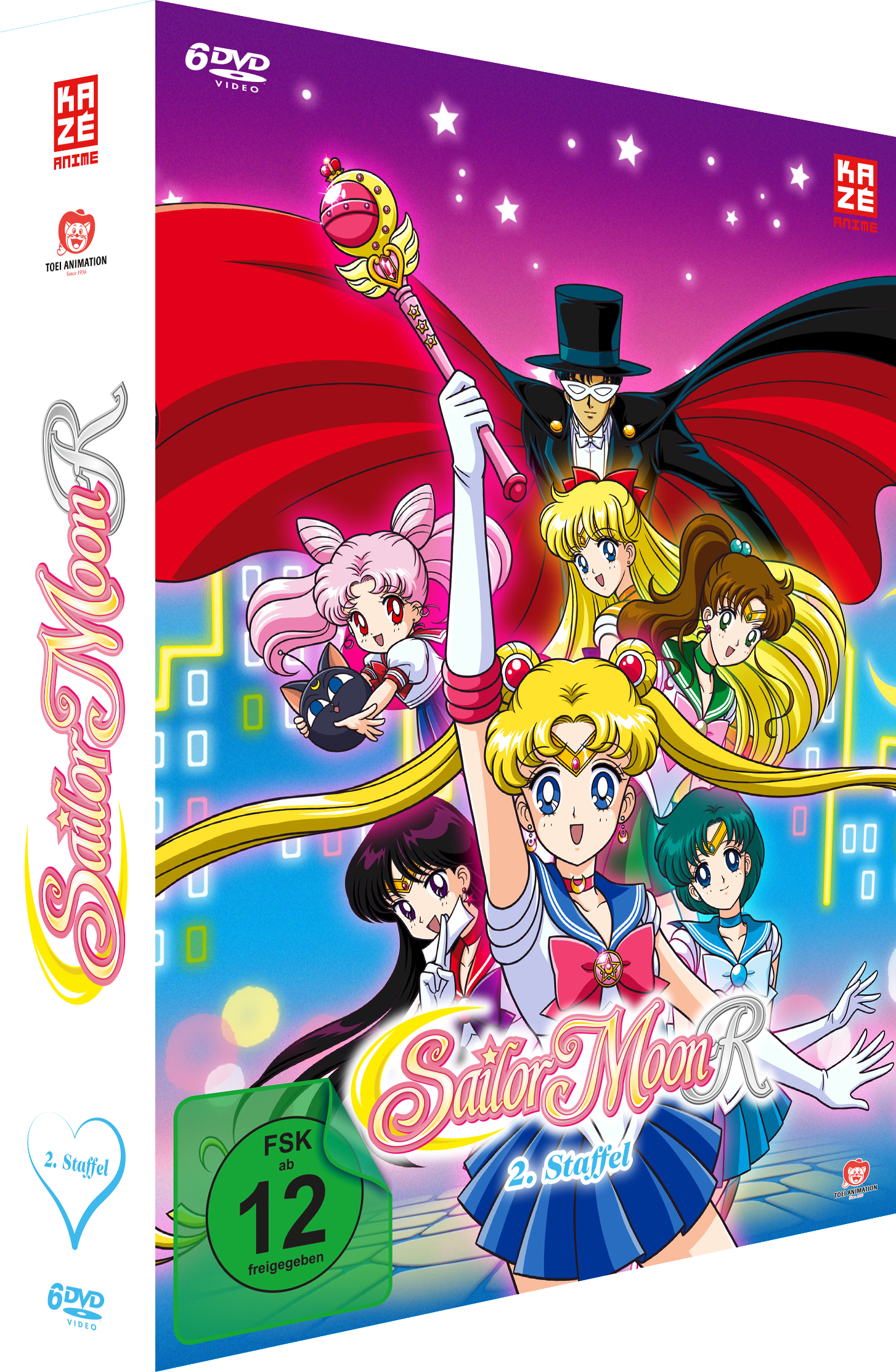 DVD-Hülle von Sailor Moon R mit mehreren Charakteren und einem lila Hintergrund.