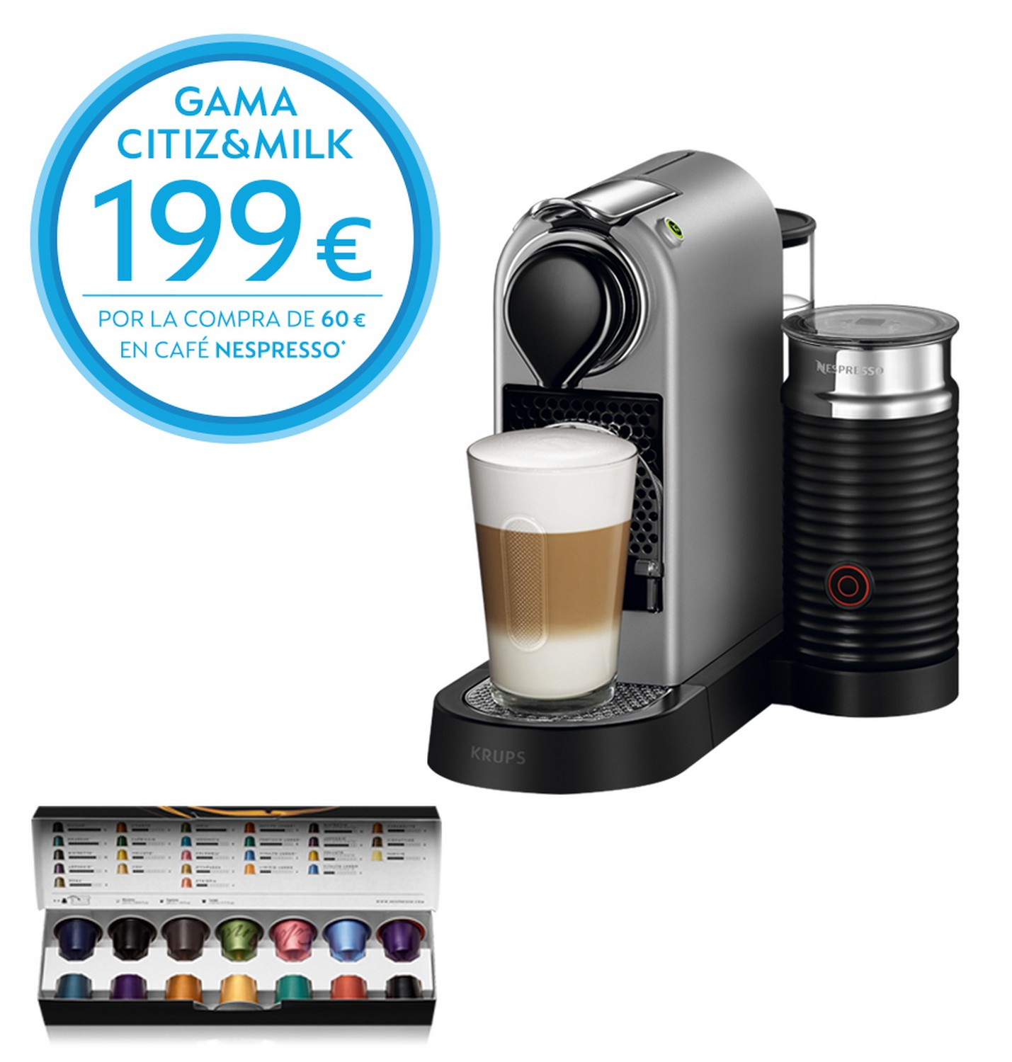 Cafetera de cápsulas -  Krups Nespresso® CitiZ&Milk, 19 bares, 1 l, 1 taza, 1260 W, Plata