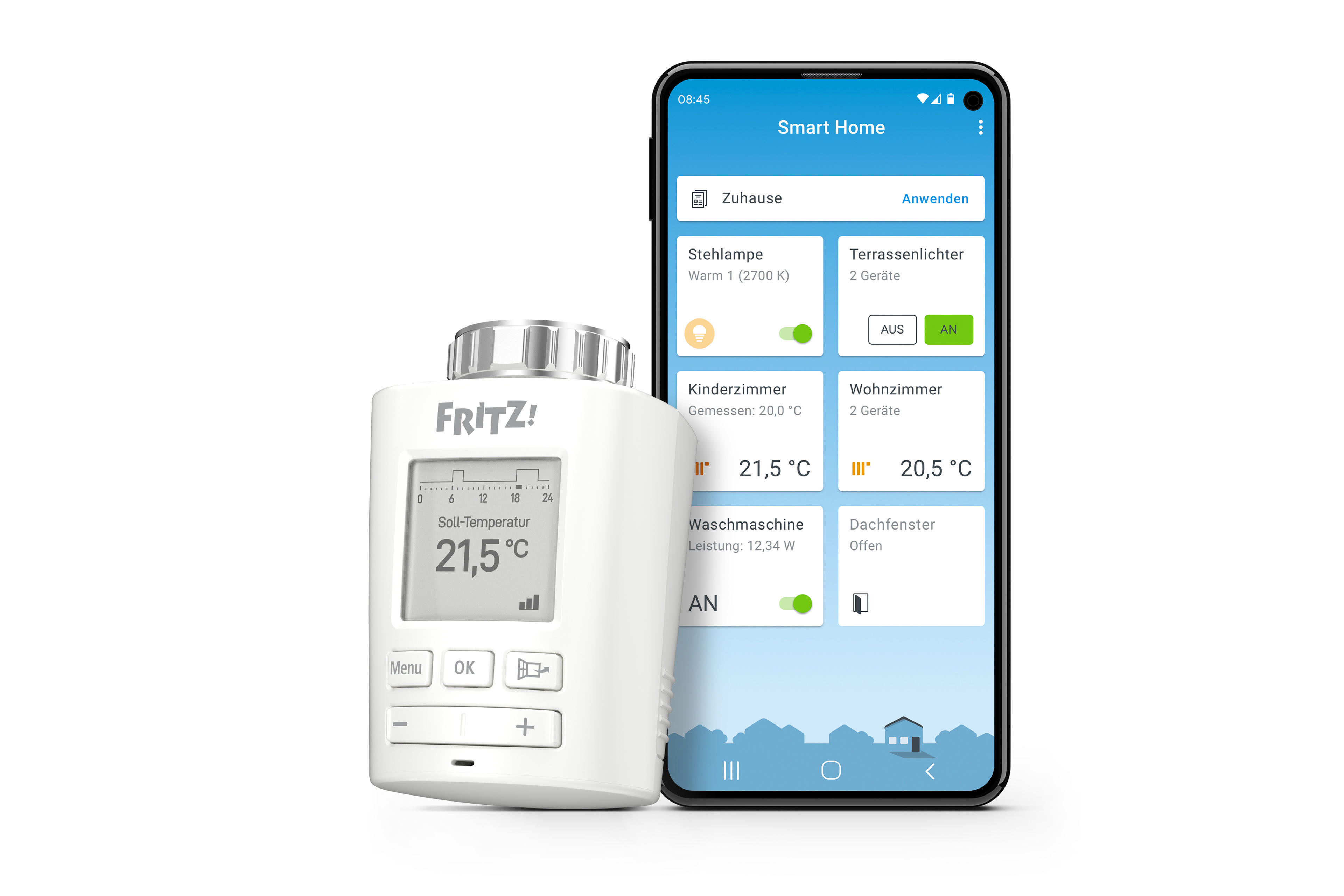 Ein weißer Smart-Thermostat und ein Smartphone mit Smart-Home-Oberfläche, beide auf weißer Oberfläche.